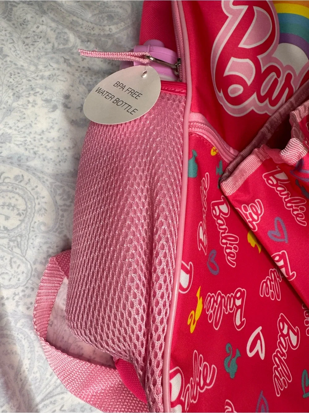 Barbie Hot Pink 5 piece Backpack Set- Matching Pouch, Lunch Bag, Bottle, Clip